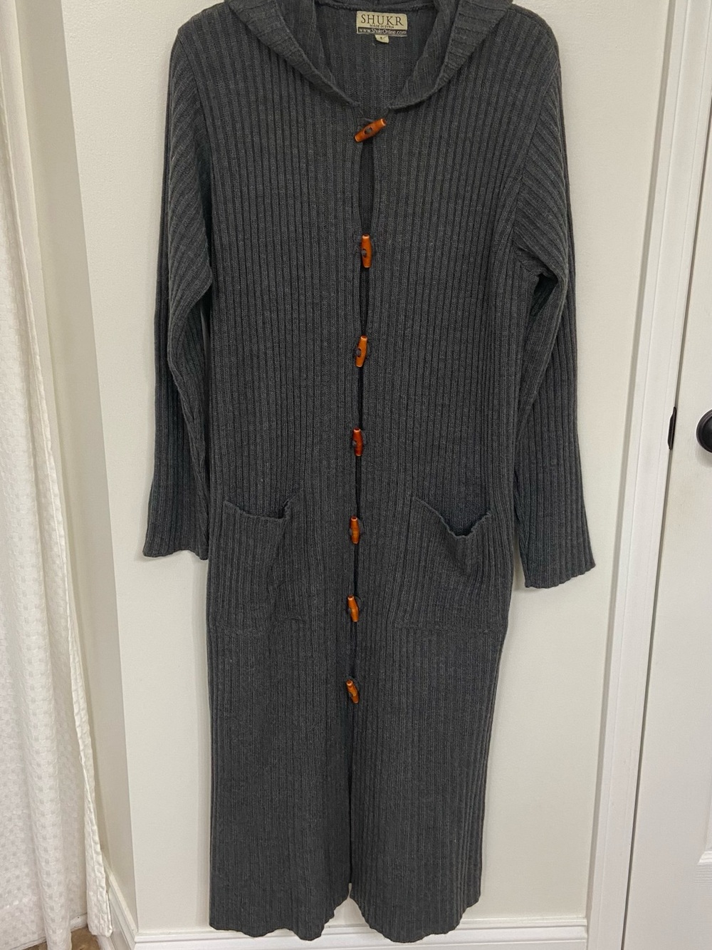 SHUKR Long Hooded Cardigan Women L Gray Ribbed Duster Toggle Buttons Pockets